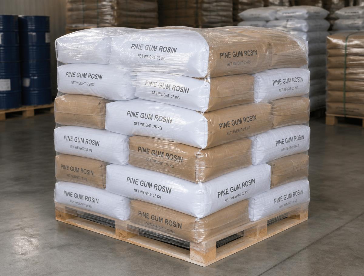 Pallet of 25 kg gum rosin bags in a warehouse